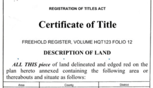 Photo showing a sample certificate of title land ownership document